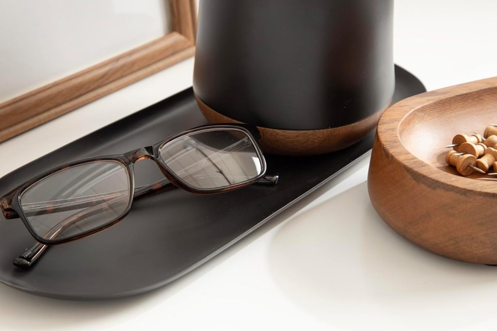 Wood and black desktop organizer closeup