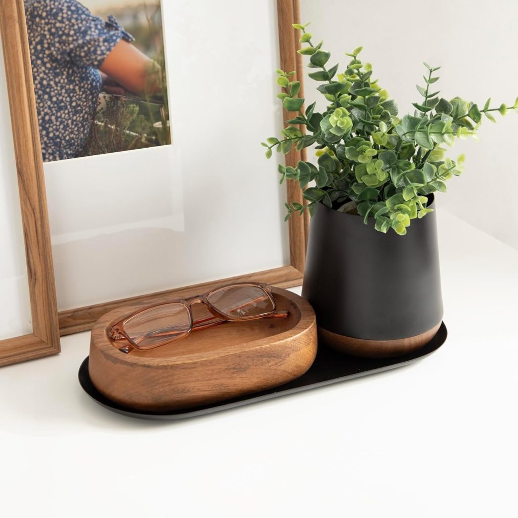 A three-piece desk organizer set in wood and black