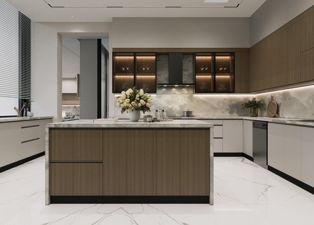 white kitchen with wooden island cabinets