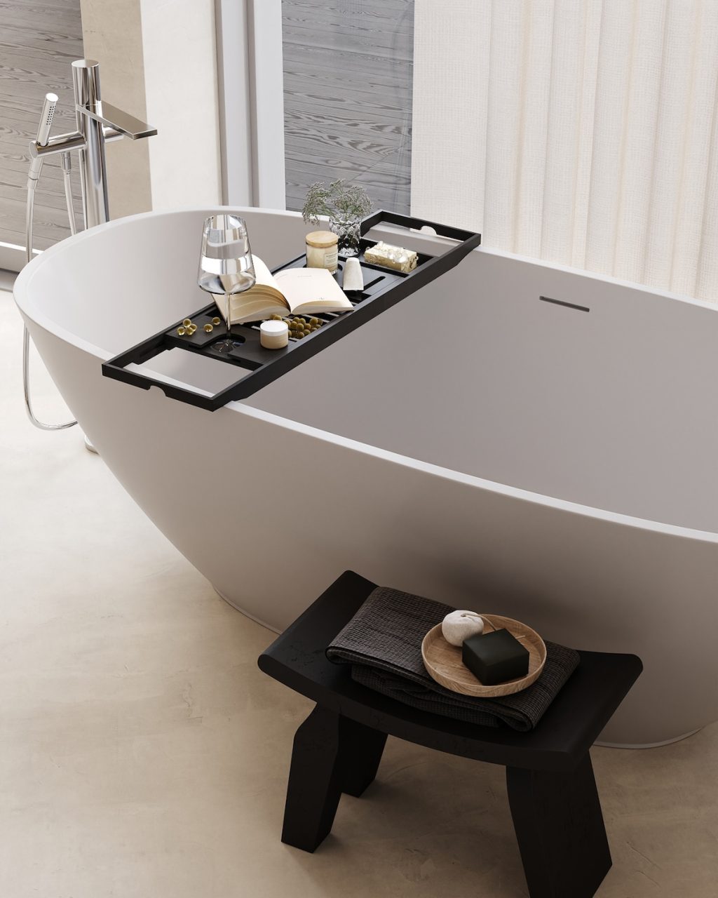 white tub with bath tray