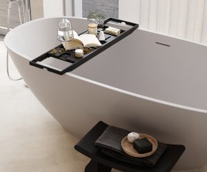 white tub with bath tray