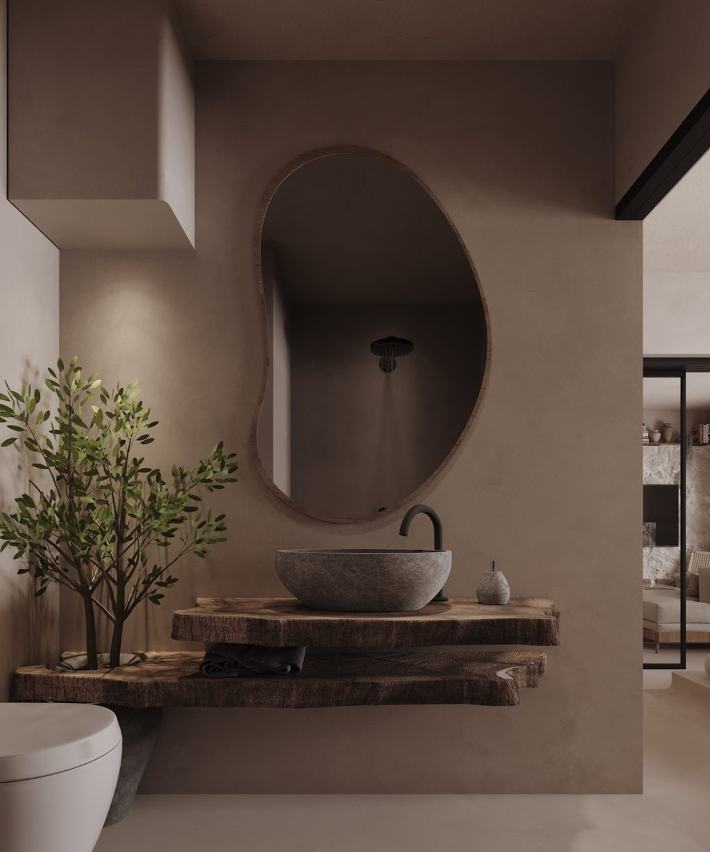 wooden corner and plant in bathroom