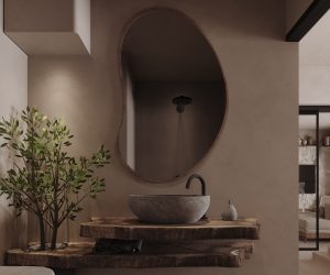 wooden corner and plant in bathroom