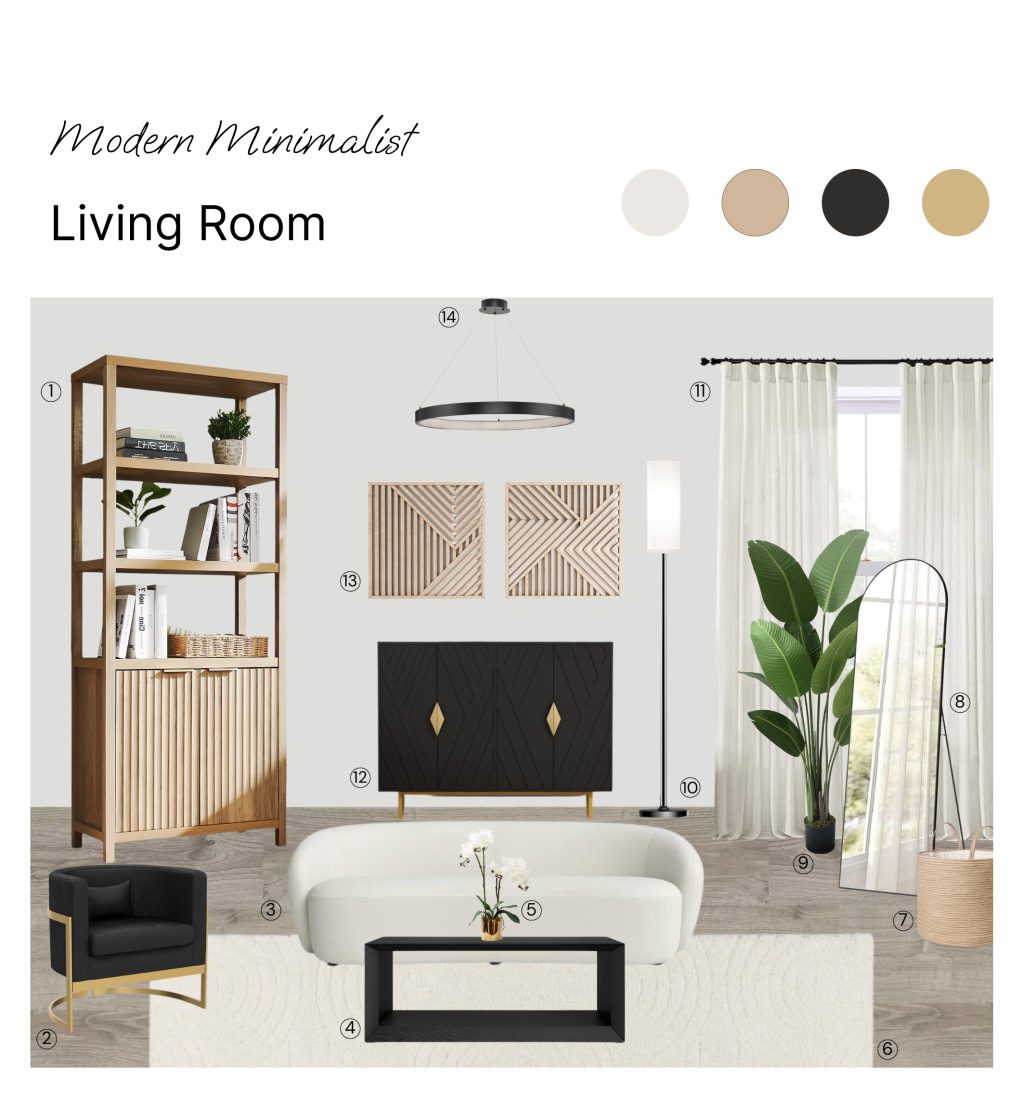 Modern Minimalist Living Room: Product Board with Shopping List