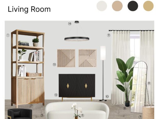 Living room modern minimalist product board with shopping links