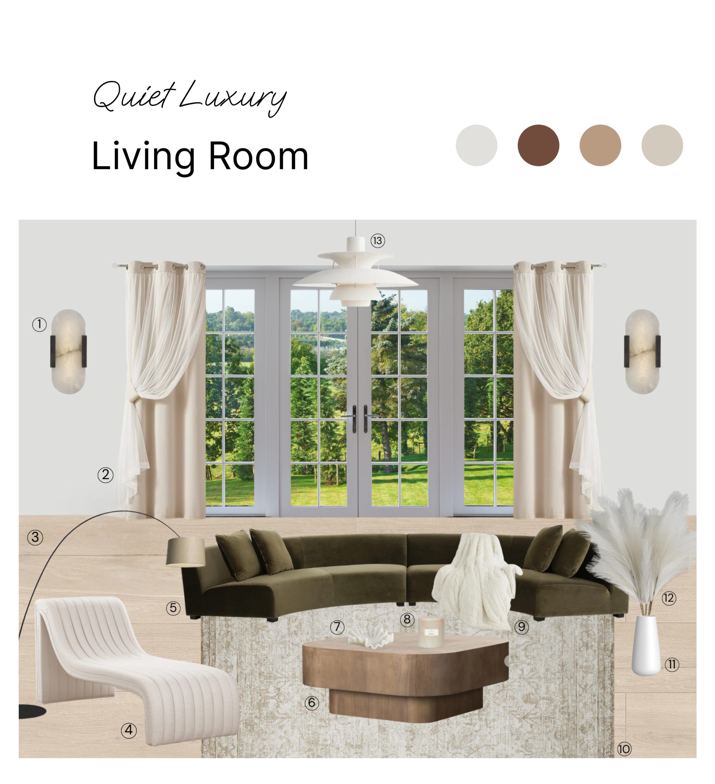 Living room quiet luxury product board shopping list