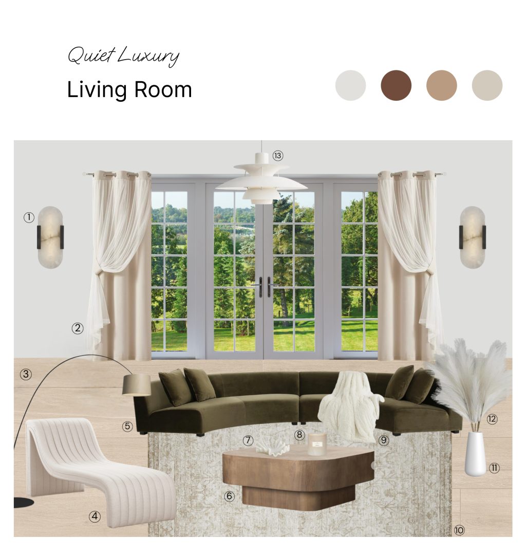 Quiet Luxury Living Room: Product Board with Shopping List