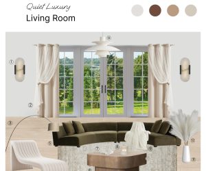 Living room quiet luxury product board with shopping list