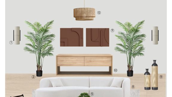 Serene Japandi Living Room: Product Board with Shopping List