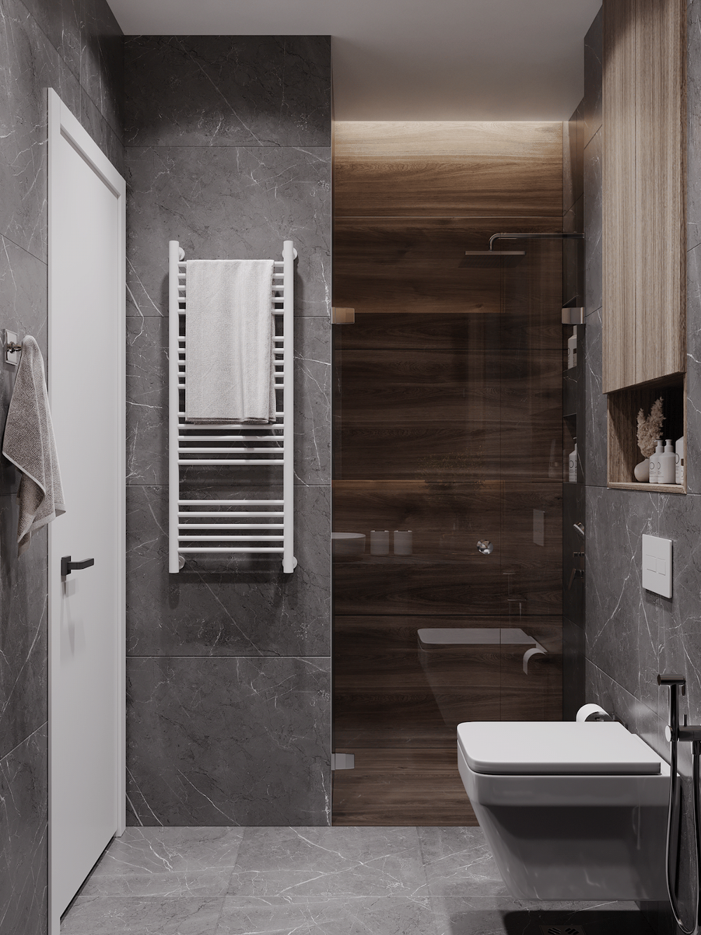 bathroom with gray tiles