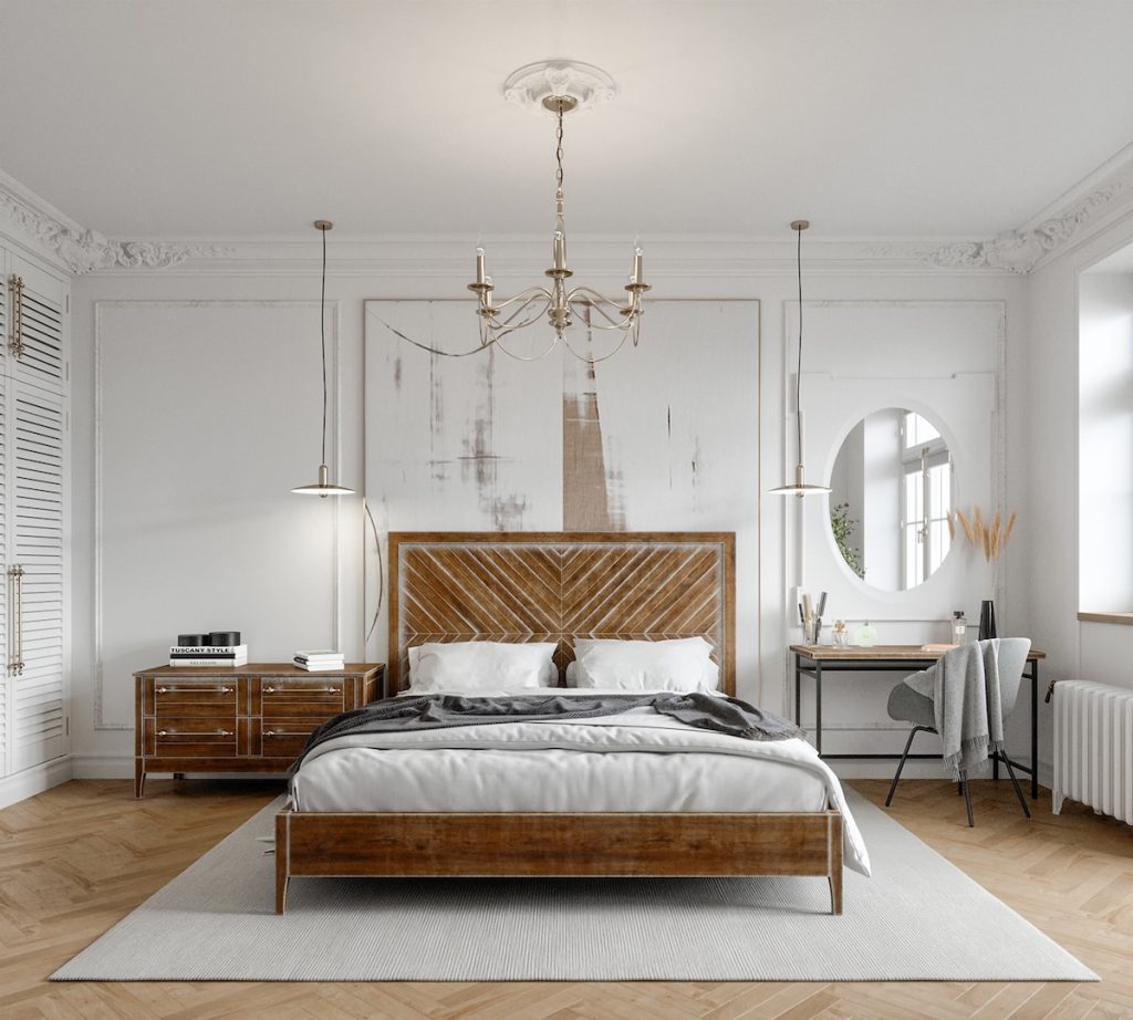 bedroom with rustic bed and side table