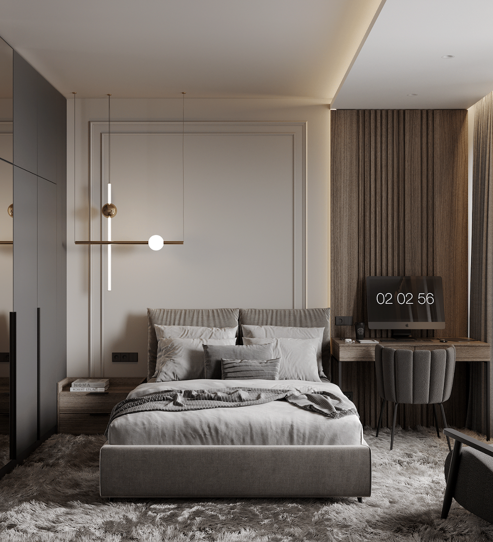 bedroom with sleek pendant light