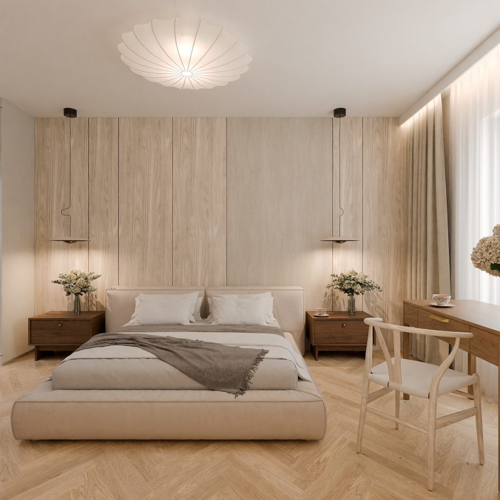 bedroom with wooden accent wall and cozy bed