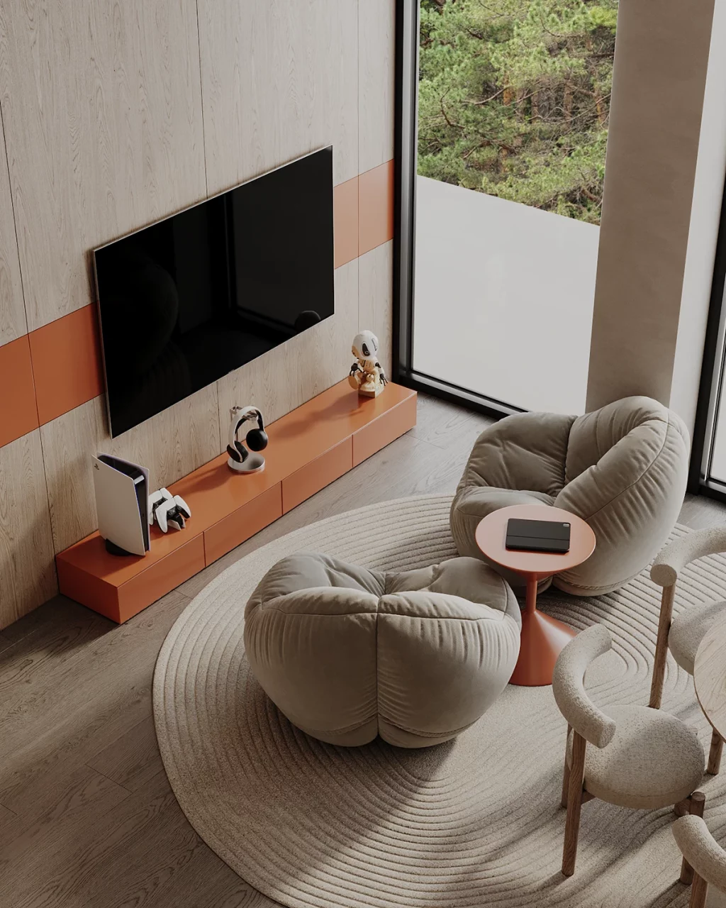 beige gaming zone with pops of orange