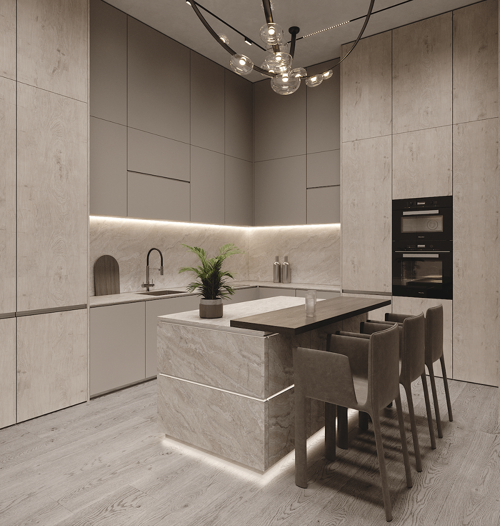 beige kitchen with undercabinet lighting sleek cabinetry