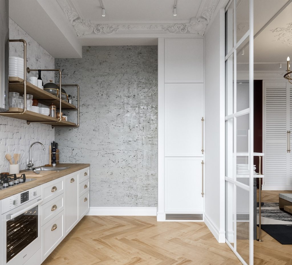 cozy kitchen with gray accent wall