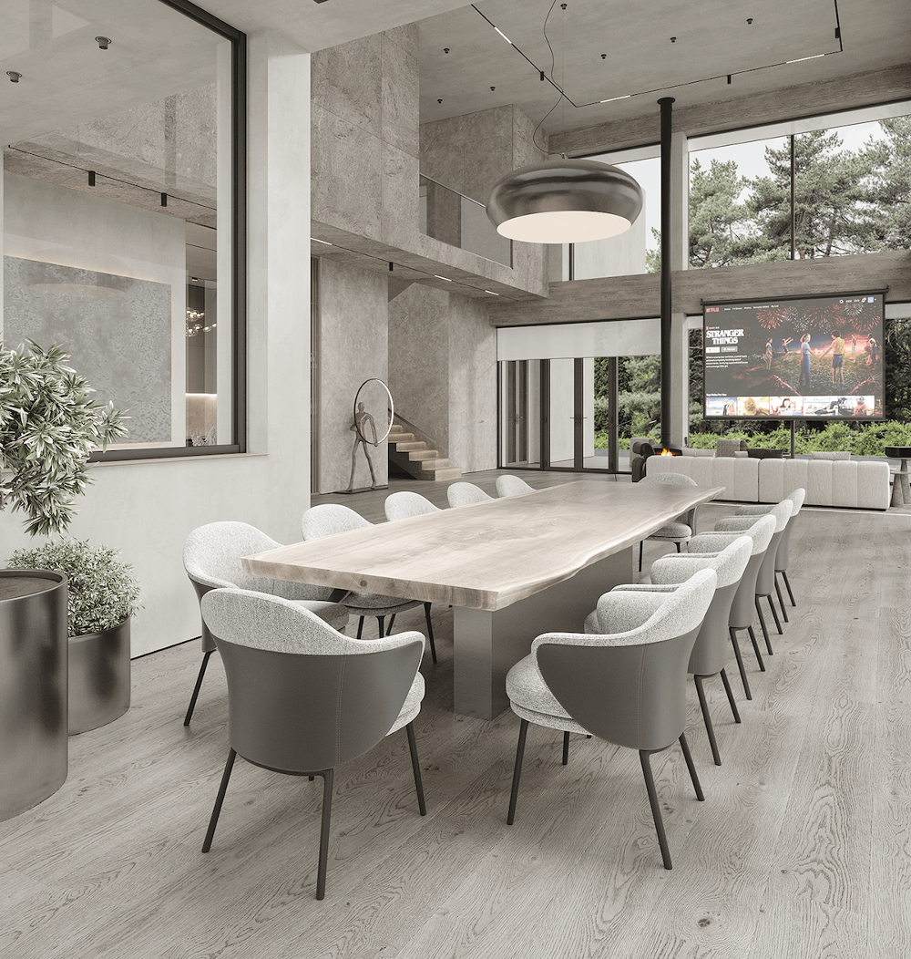 dining space with rustic table