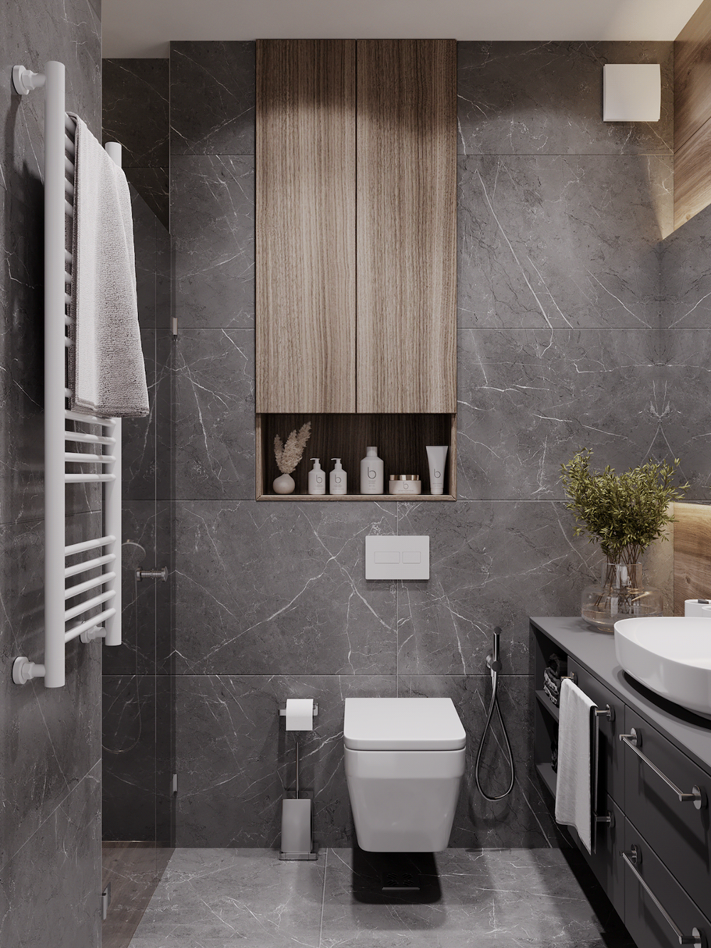 grey tiled bathroom with potted plant