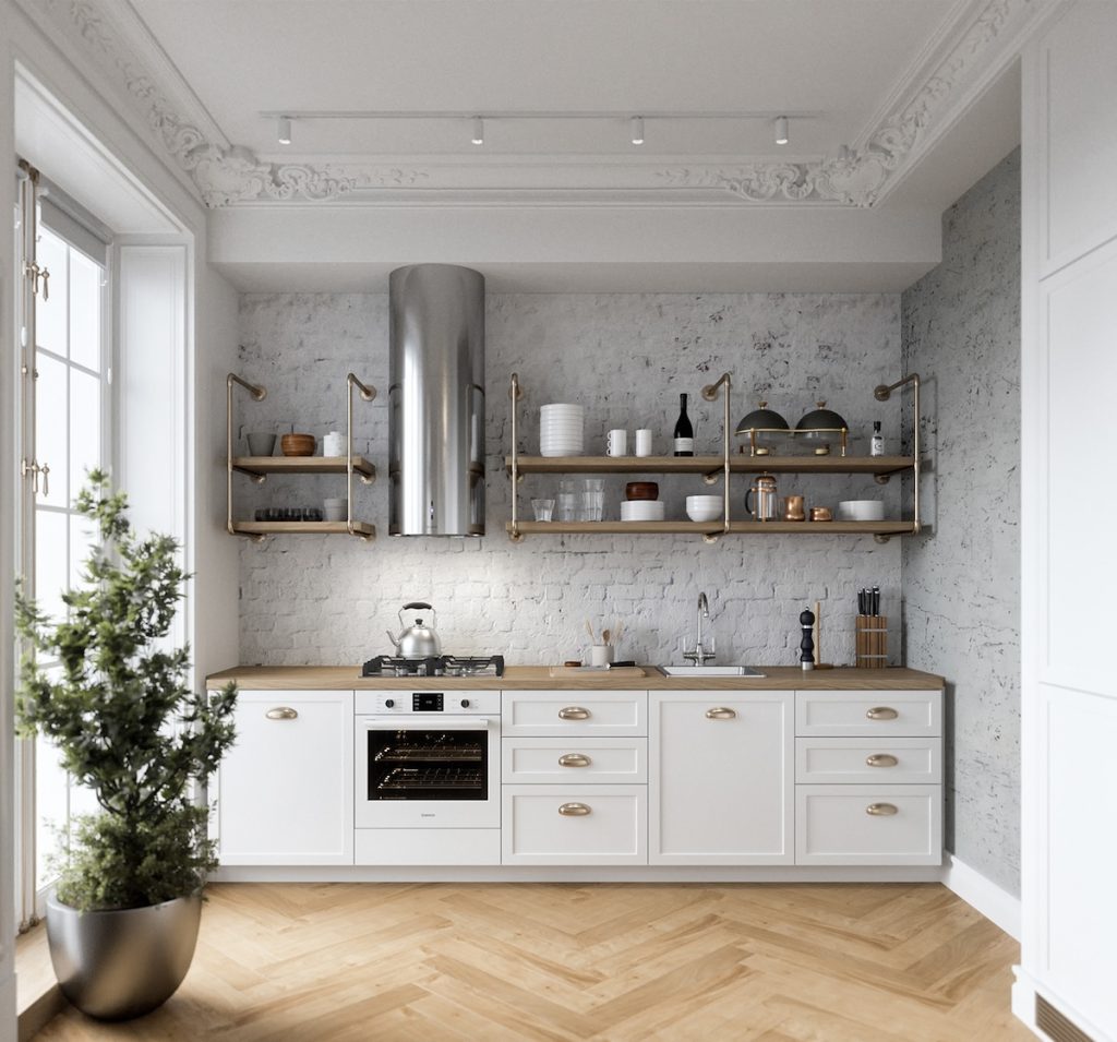 industrial style kitchen with cabinets