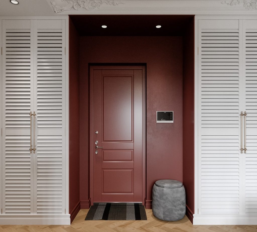 maroon entryway with seat