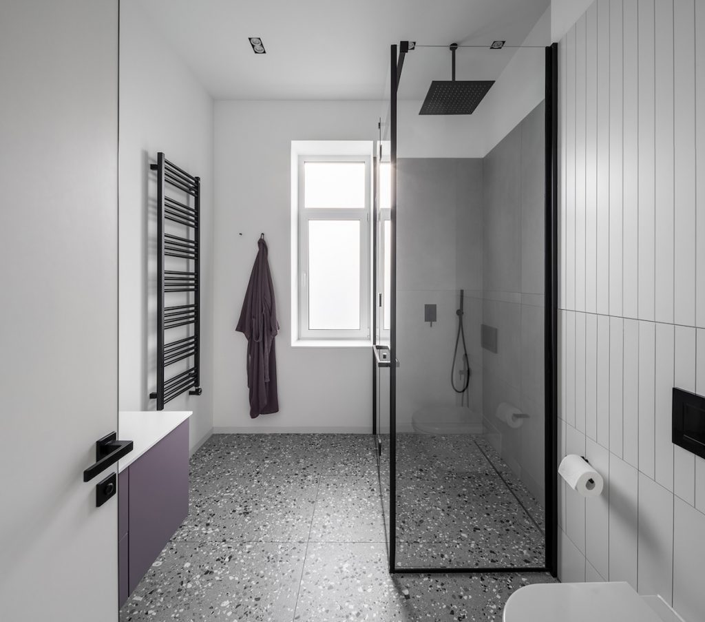 minimalist white and lilac bathroom