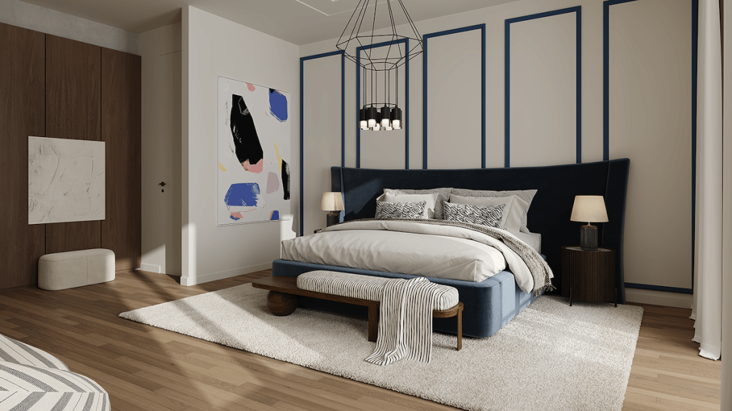 modern classic bedroom with wall moldings