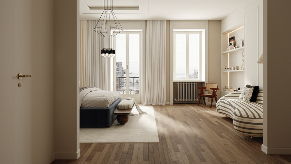 modern light bedroom with wooden floor