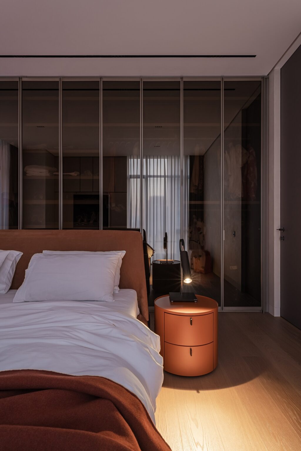 modern minimalist bedroom with table lamp