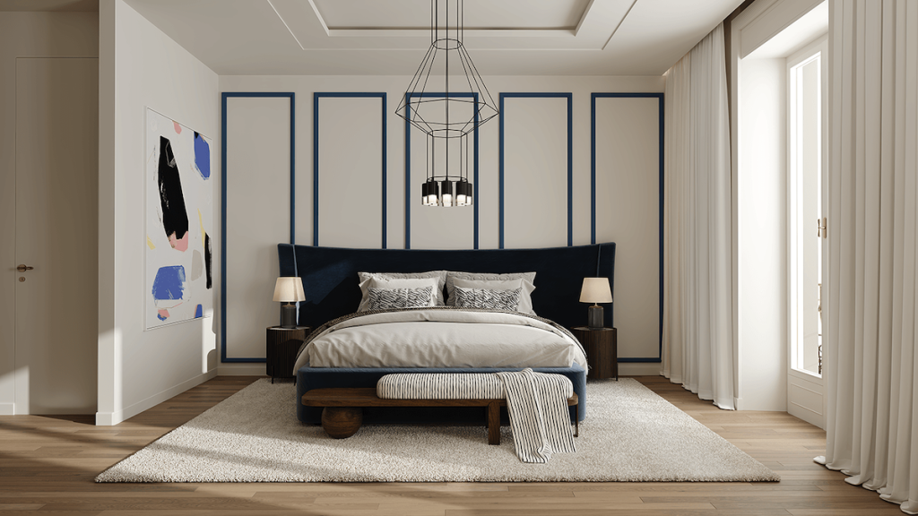 modern traditional bedroom with blue accents