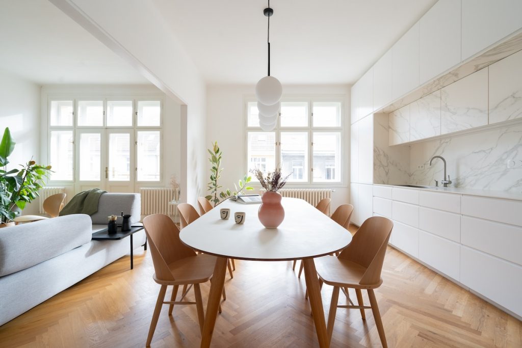 open kitchen and dining with windows