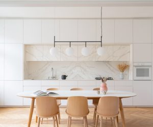 scandi modern kitchen with wooden dining table