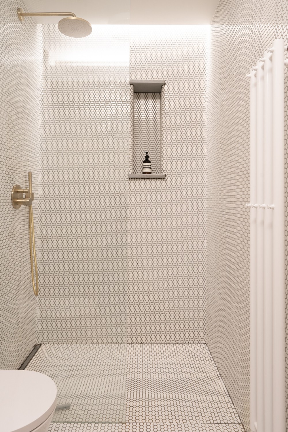 show cubicle with penny tile pattern and gold hardware