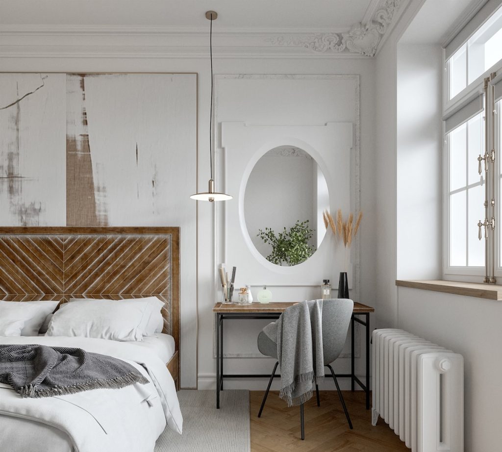 vanity with rustic desk in bedroom