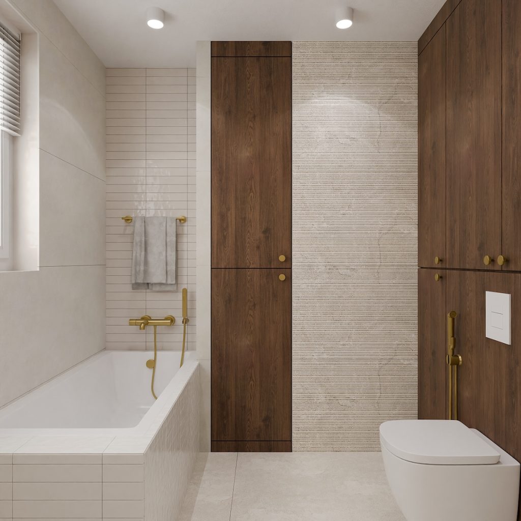 warm bathroom interior with wooden accents