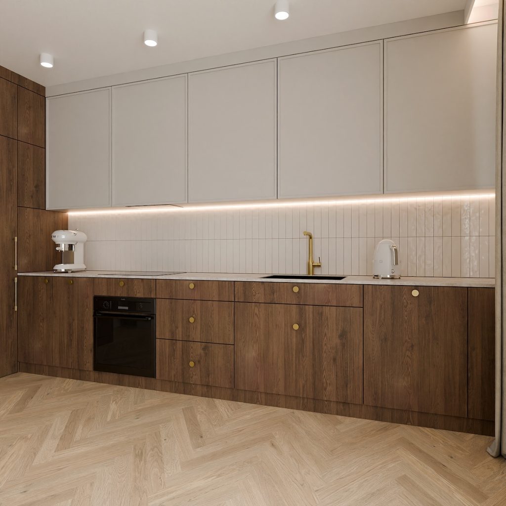 warm kitchen interior with wooden cabinetry