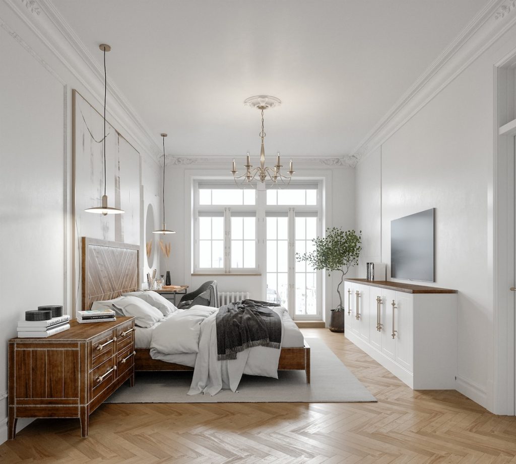 white bedroom with glass door