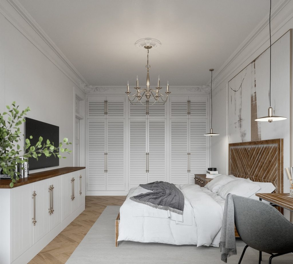 white bedroom with midcentury chandelier