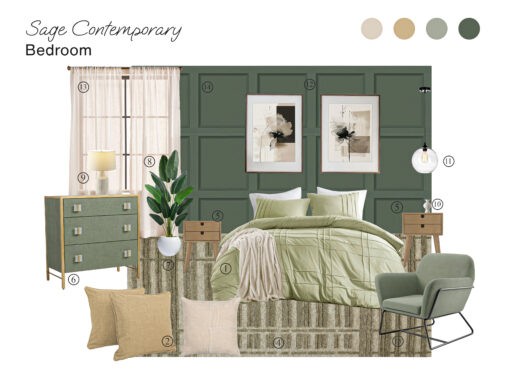 Contemporary Bedroom in Sage: Board with Shopping List