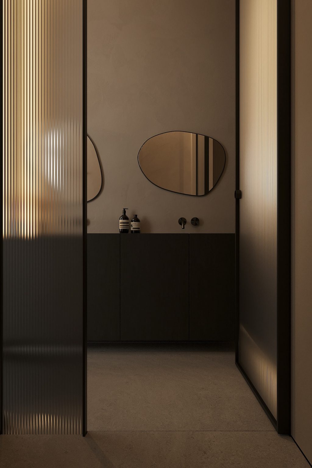 bathroom with organically shaped mirror