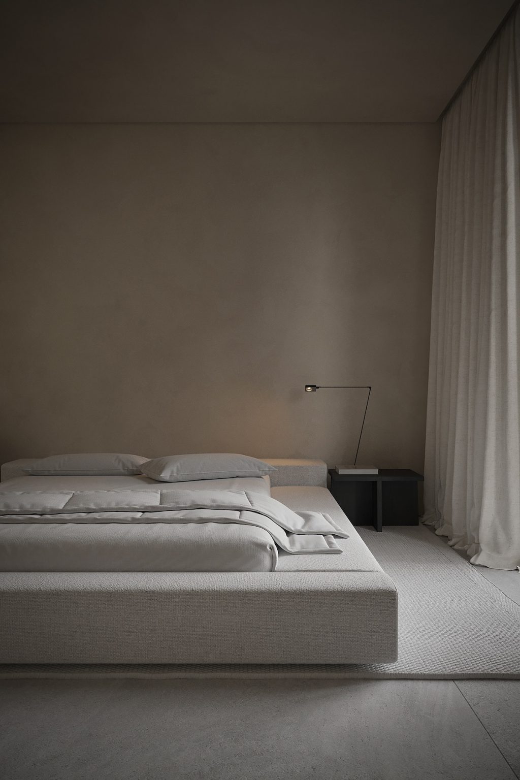 bedroom with sleek bed and wooden side table