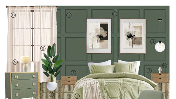 Contemporary Bedroom in Sage - Board with Shopping List