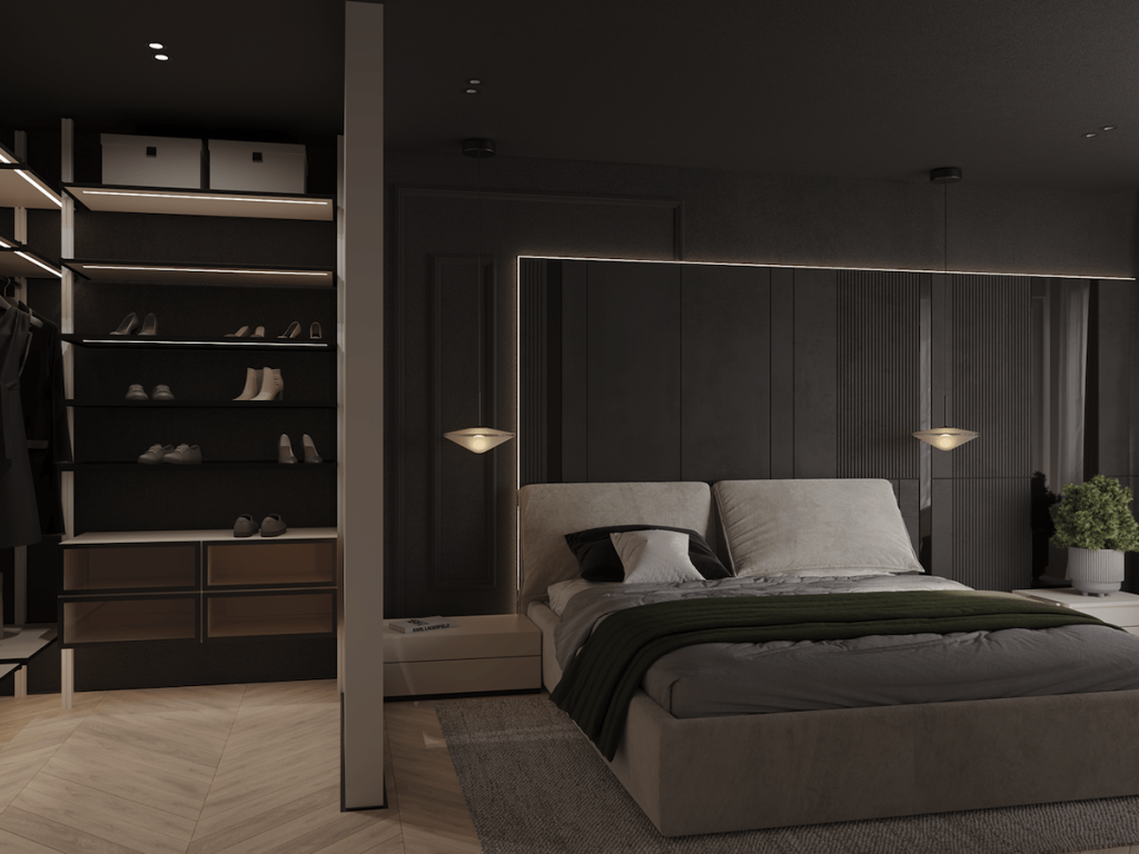 dark hued bedroom and walk in closet