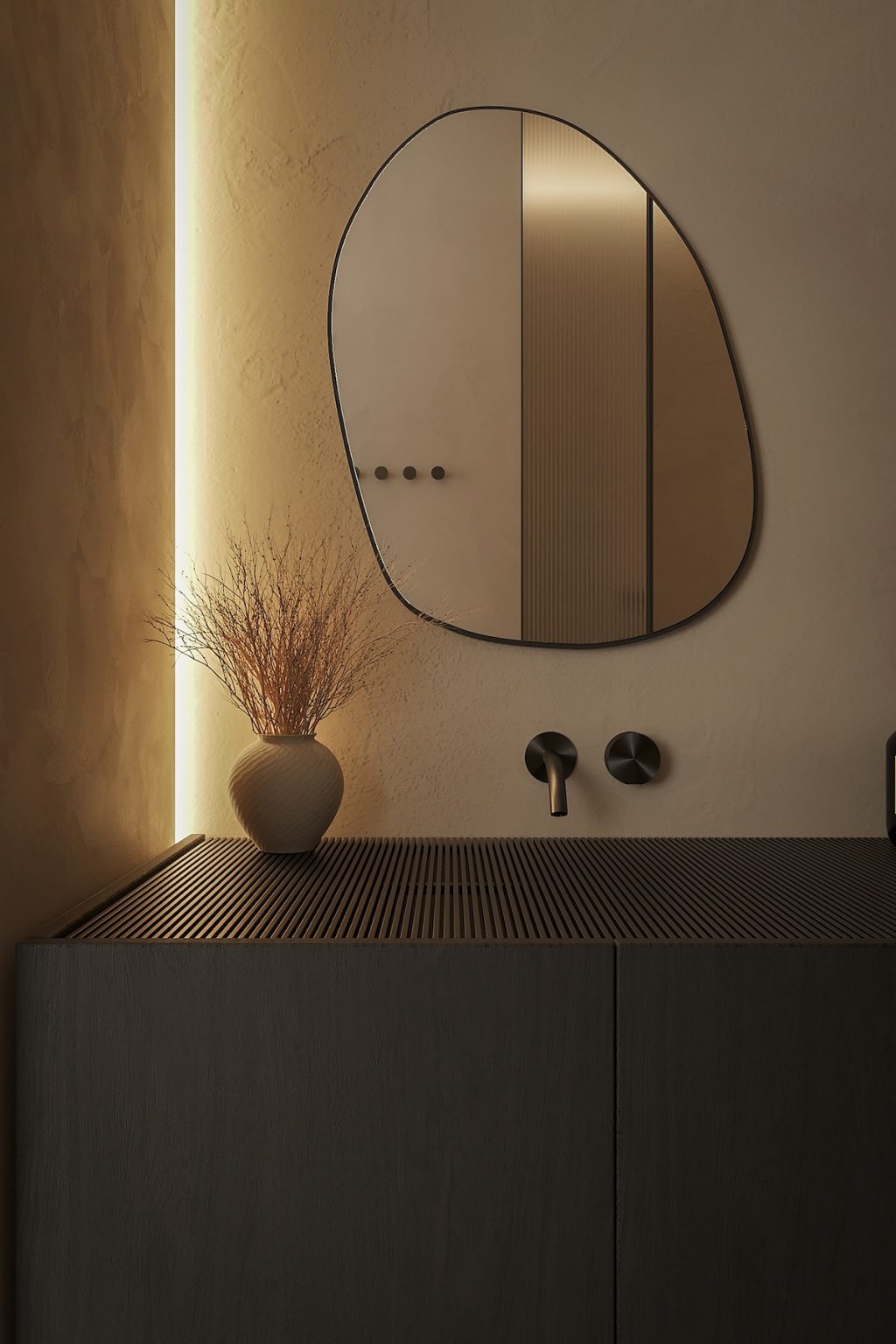 irregular mirror and intriguing lighting in bathroom