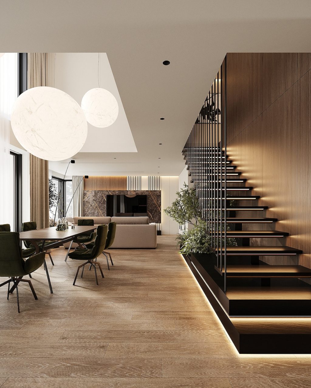 living and dining with lit staircase