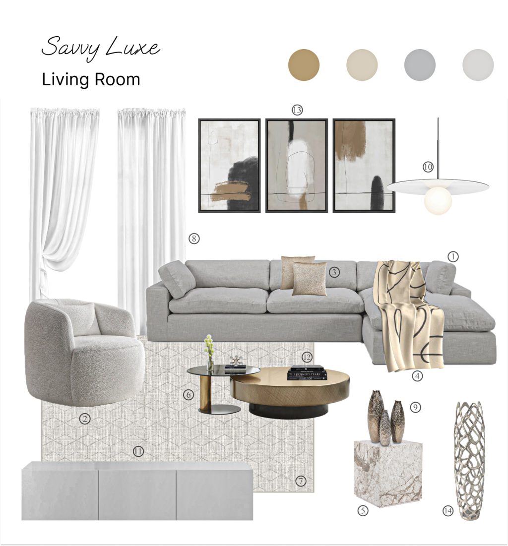 living room savvy luxe product board with shopping list