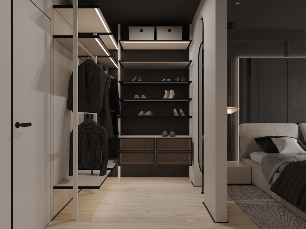 luxurious walk in closet with shelving