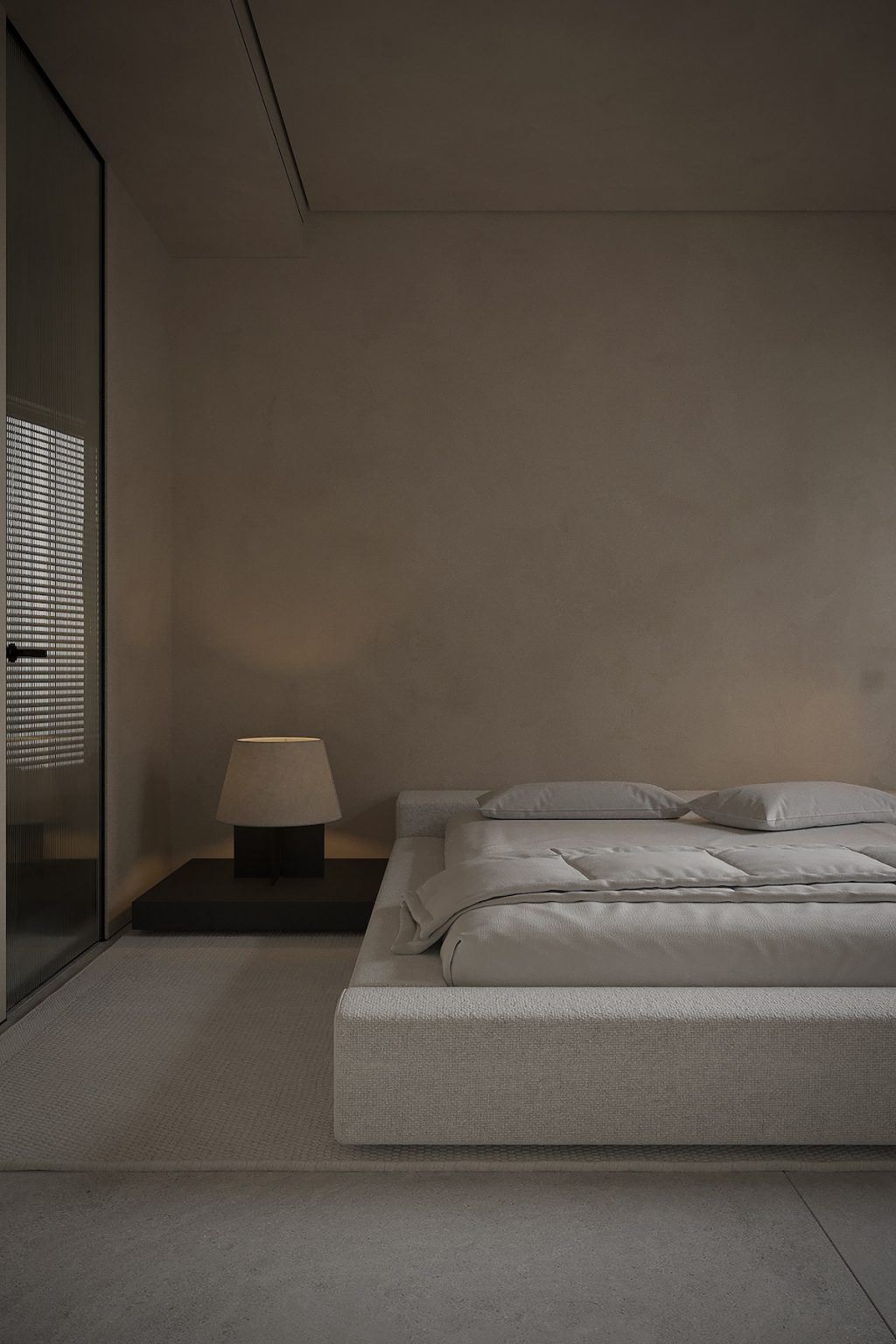 minimal bed in beige bedroom