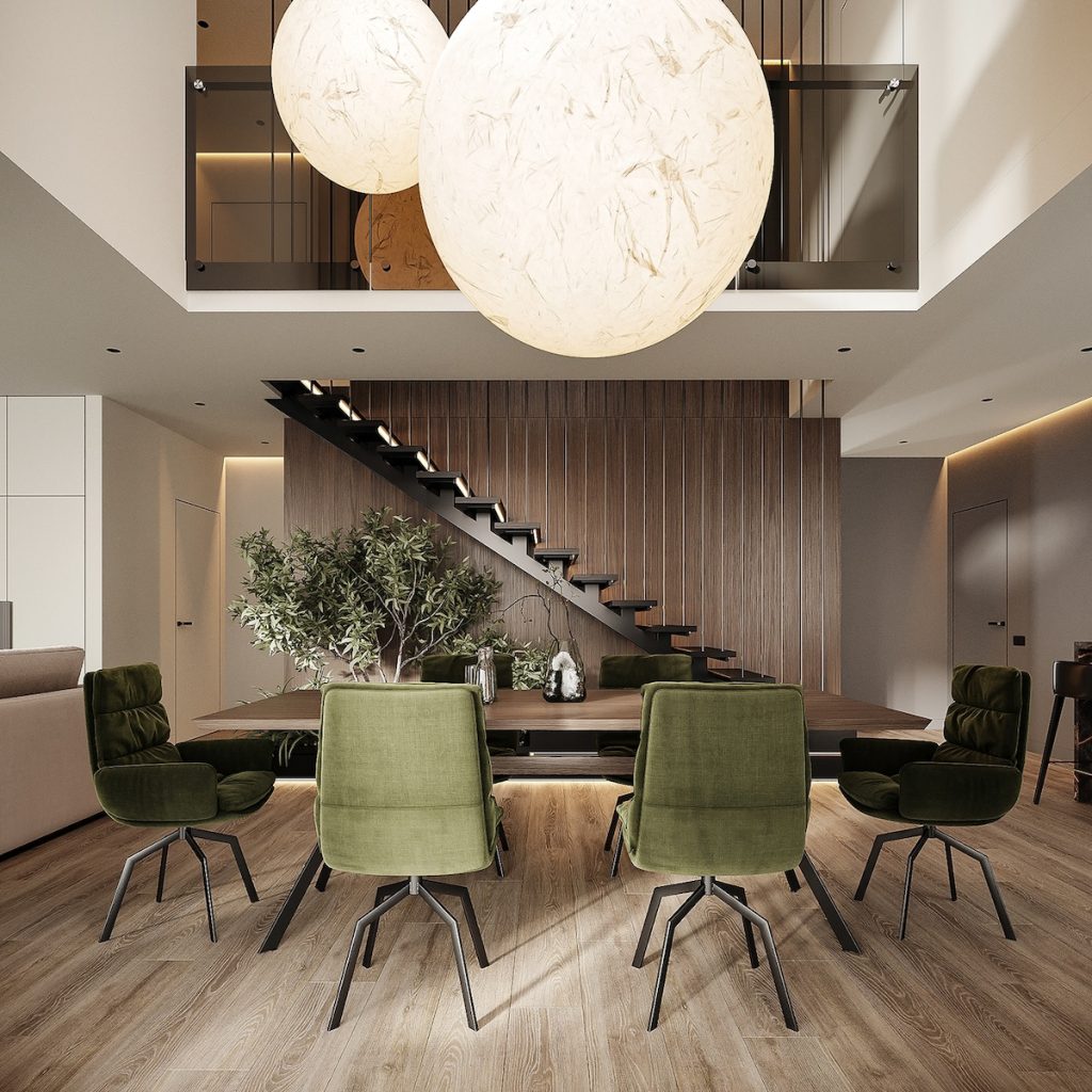 olive green chairs in dining area