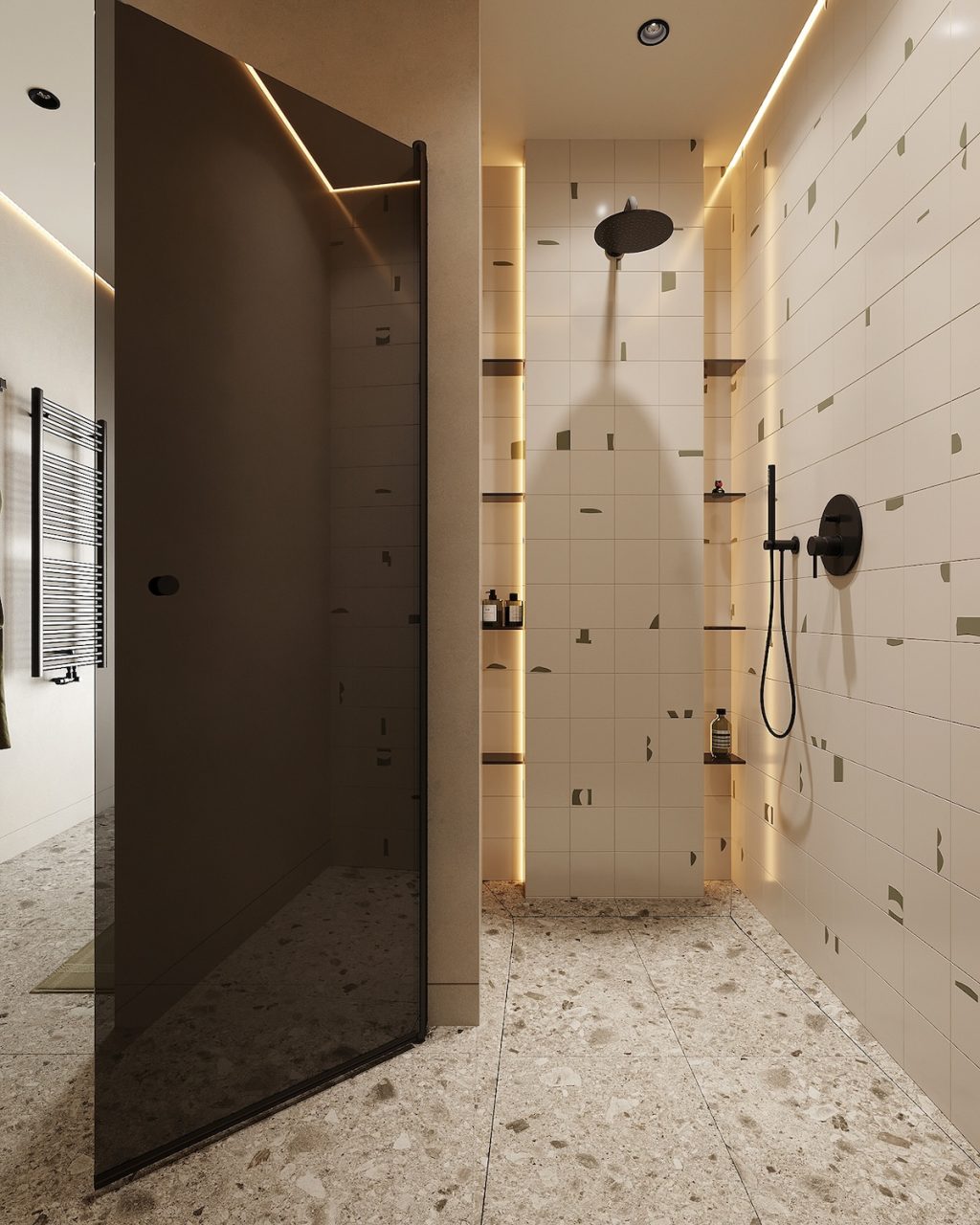 shower in bathroom with interesting tiles