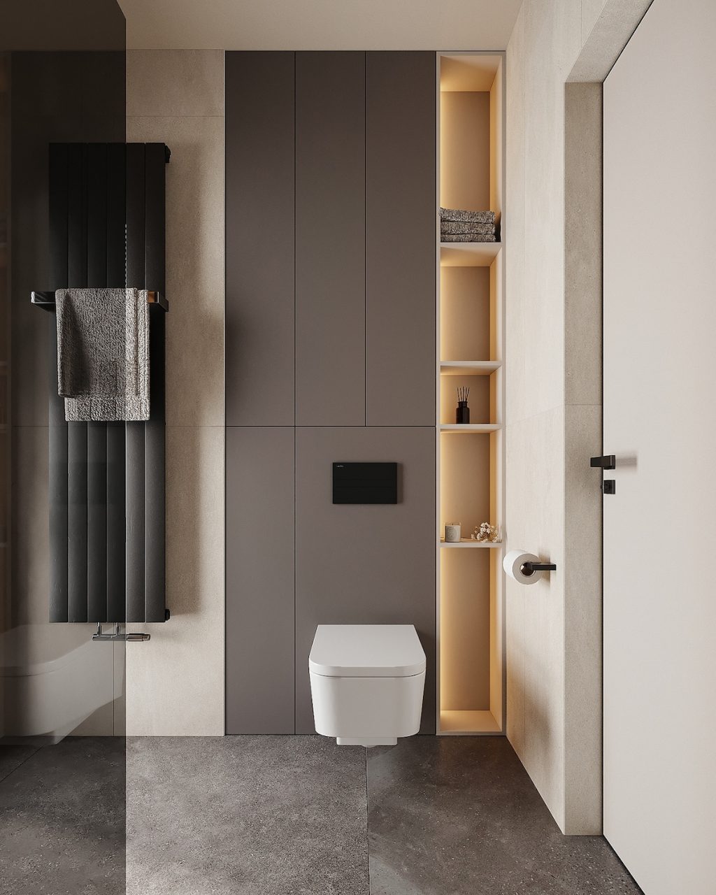 sleek bathroom with wall mounted toilet